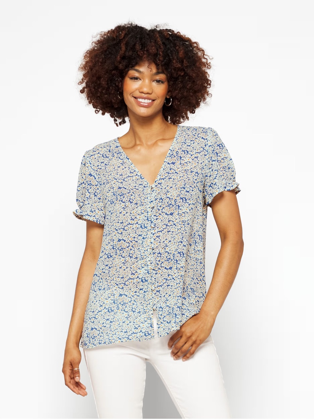 fun 2 fun Blue and Cream Floral V-Neck Blouse